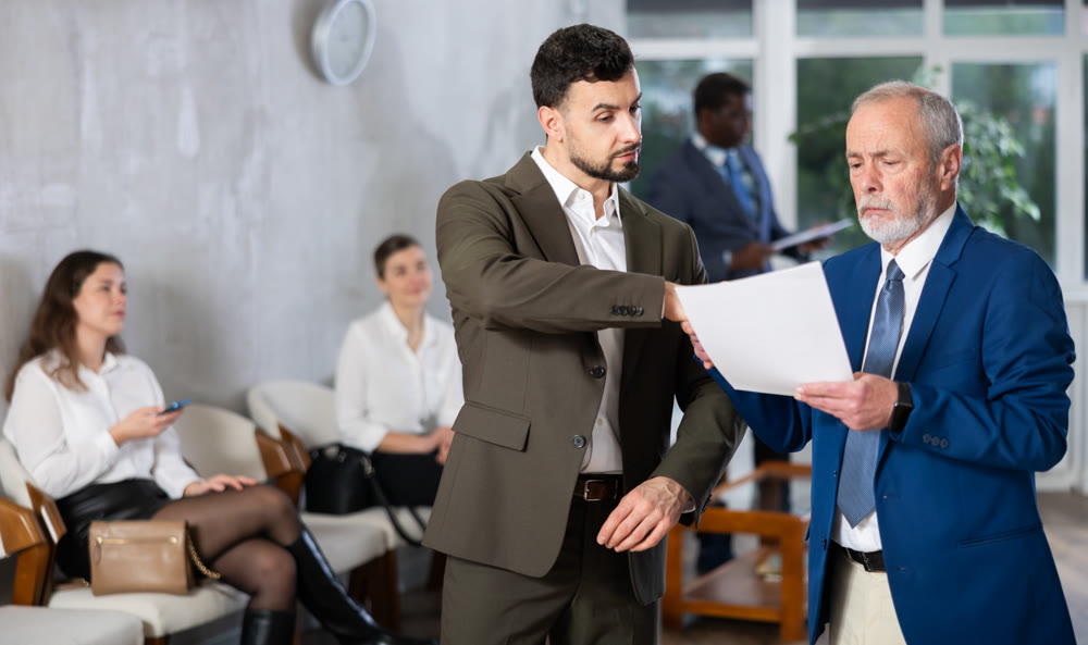 Mature man talking to company manager