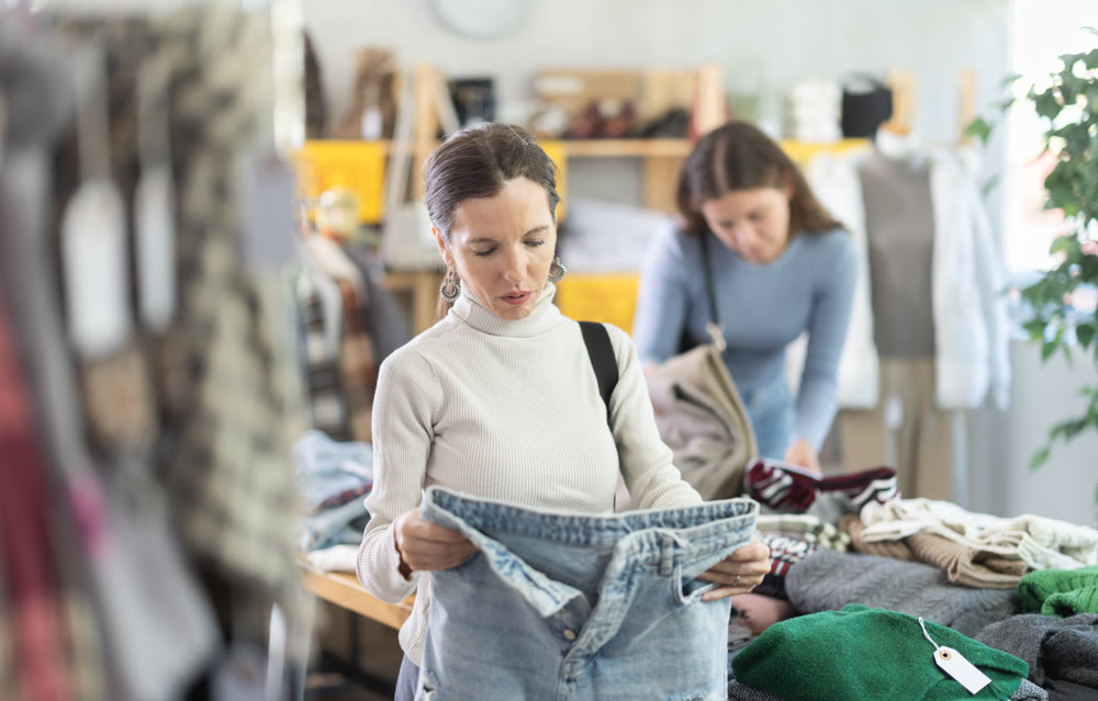 Adult woman choosing jeans in clothing store