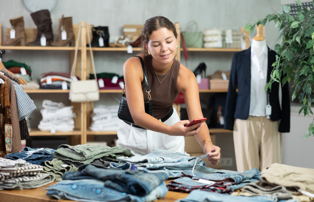 Girl scans QR code and label of denim jeans using mobile phone camera.