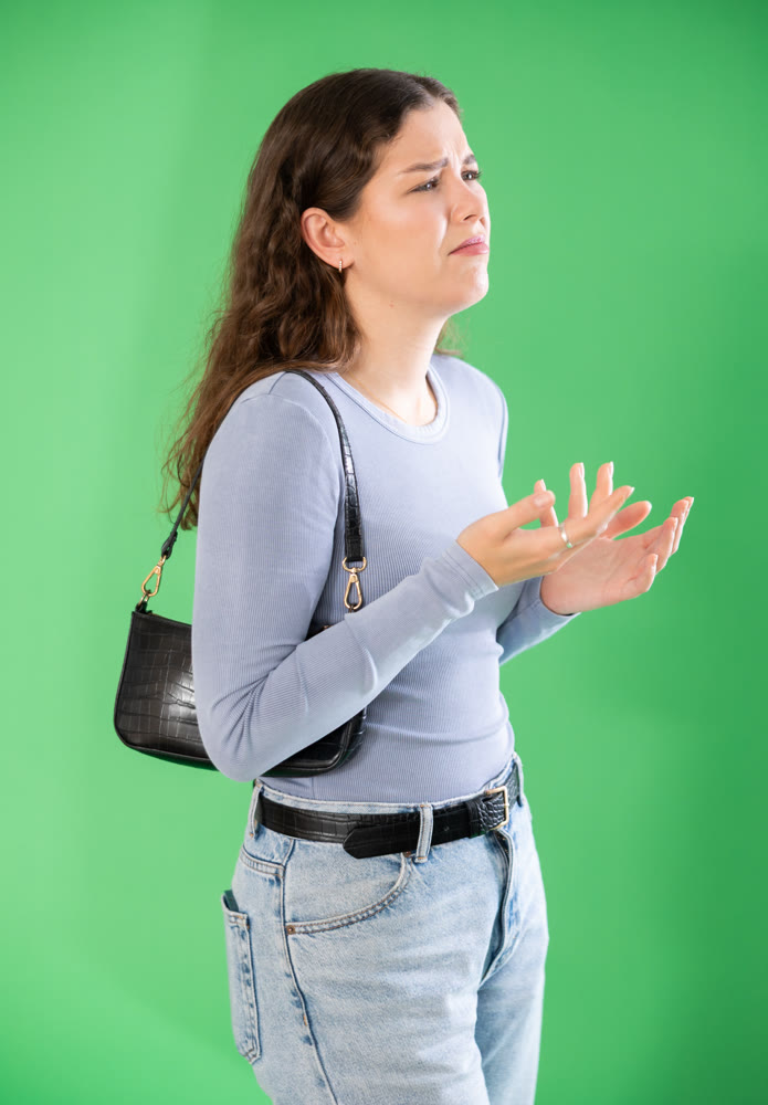 Sad girl is upset about problems that have arisen. Chroma key compositing