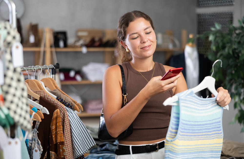Woman scanning summer top on mobile phone