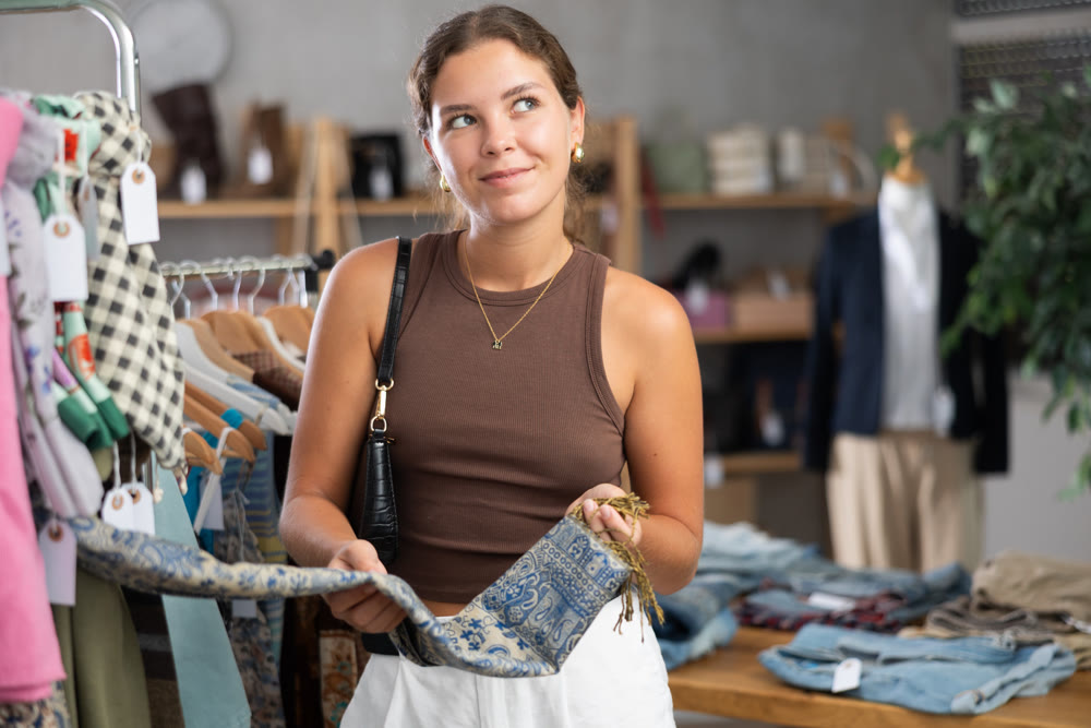 woman chooses a scarf and a handkerchief around her neck