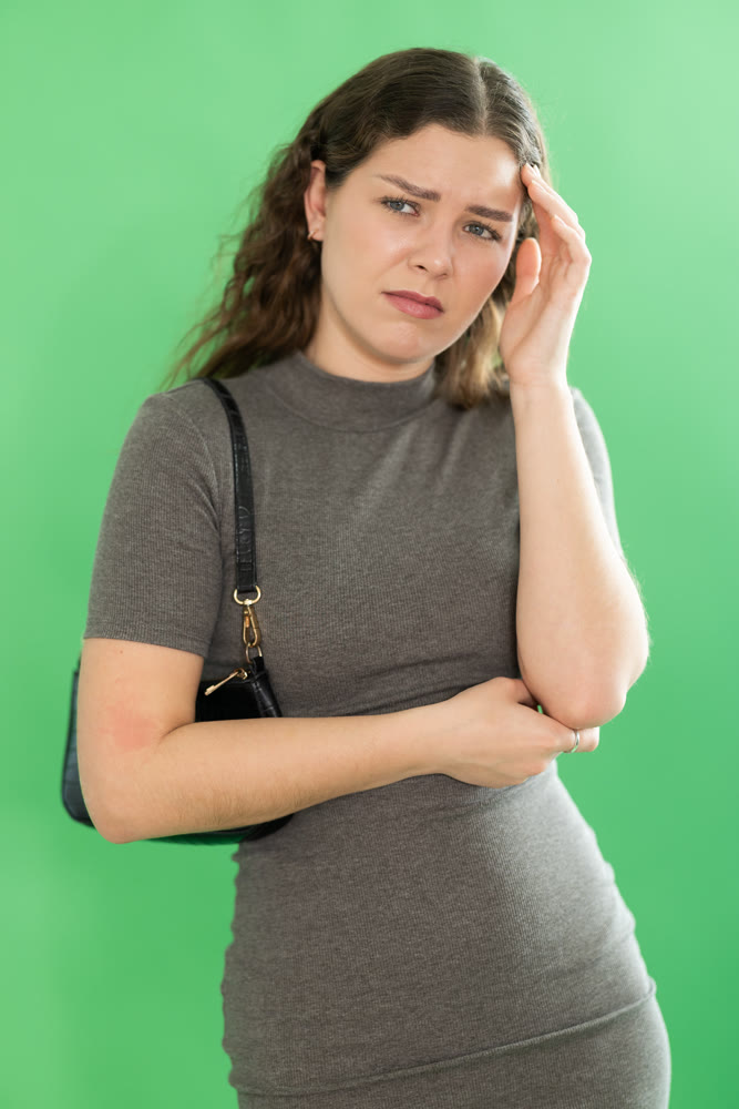 Sad girl is upset about problems that have arisen. Chroma key compositing