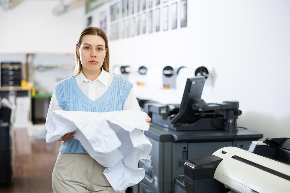 Sad printing office worker with crumpled paper