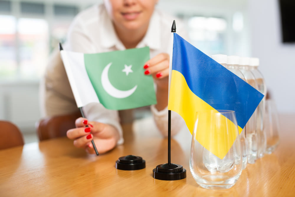 Unrecognizable girl sets midget flags of Ukraine and Pakistan before international negotiations