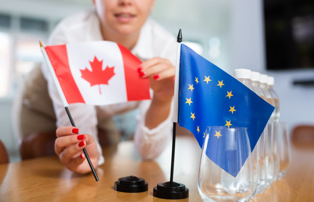 Young woman puts Canada and EU flags on table in office
