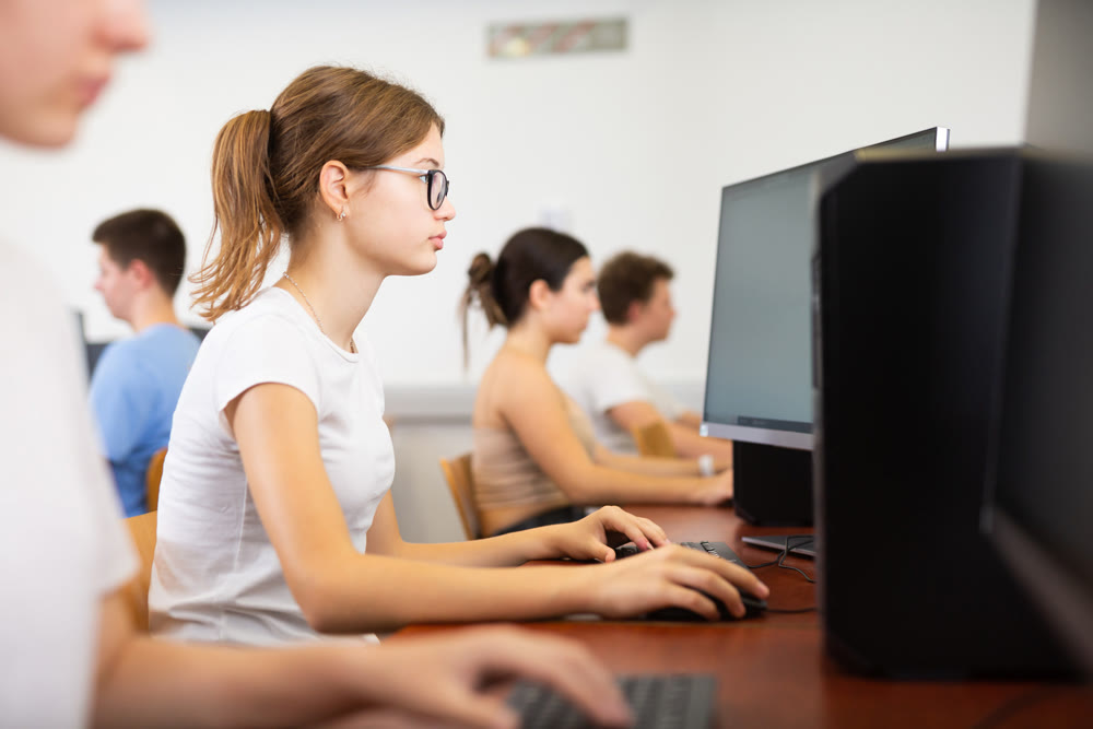 Interested teen girl studying with classmates in school class