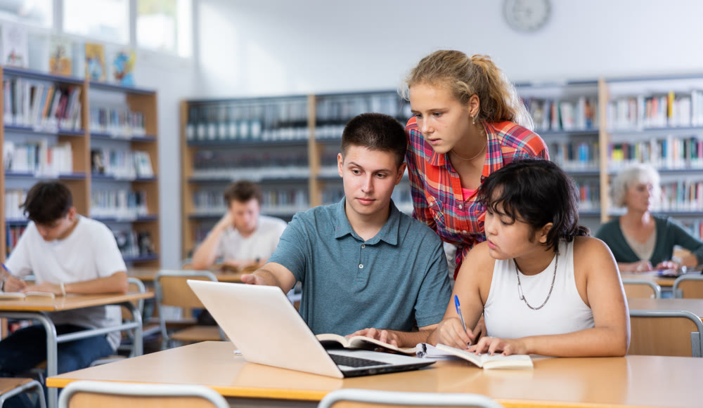 Interested teenagers studying in information technology class at library, sitting around one computer