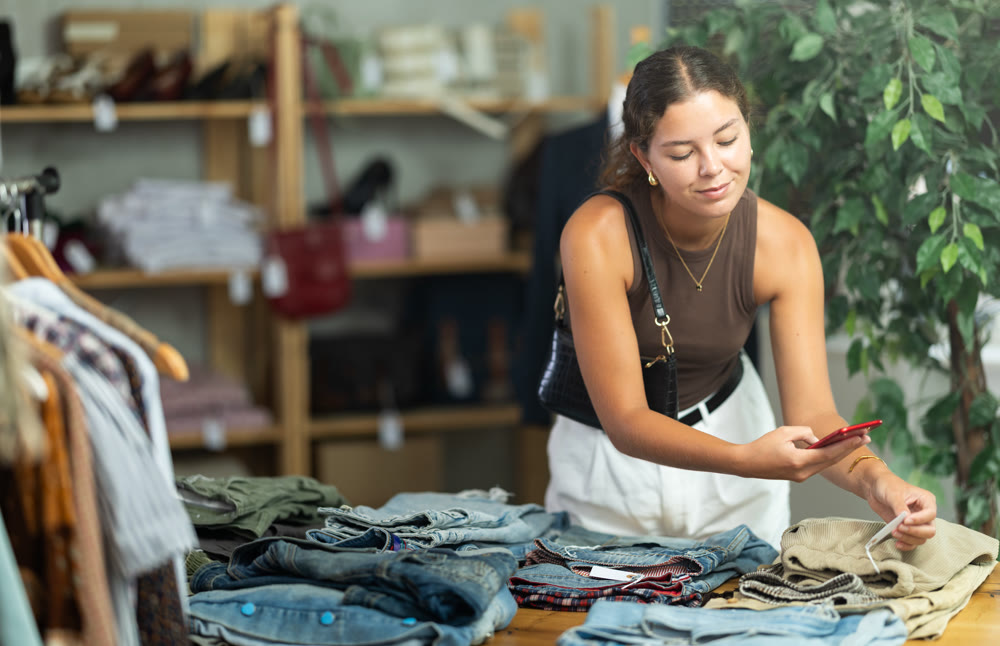 Girl scans QR code and label of trousers using mobile phone camera
