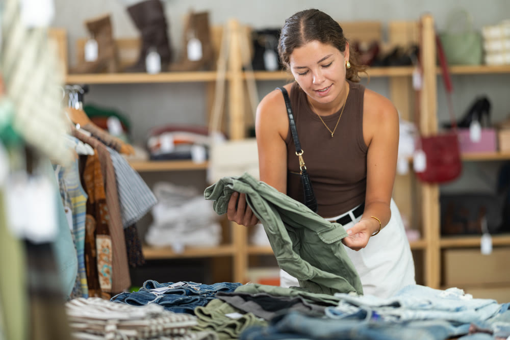 Girl customer choose trousers in store, and buyer carefully examines product.