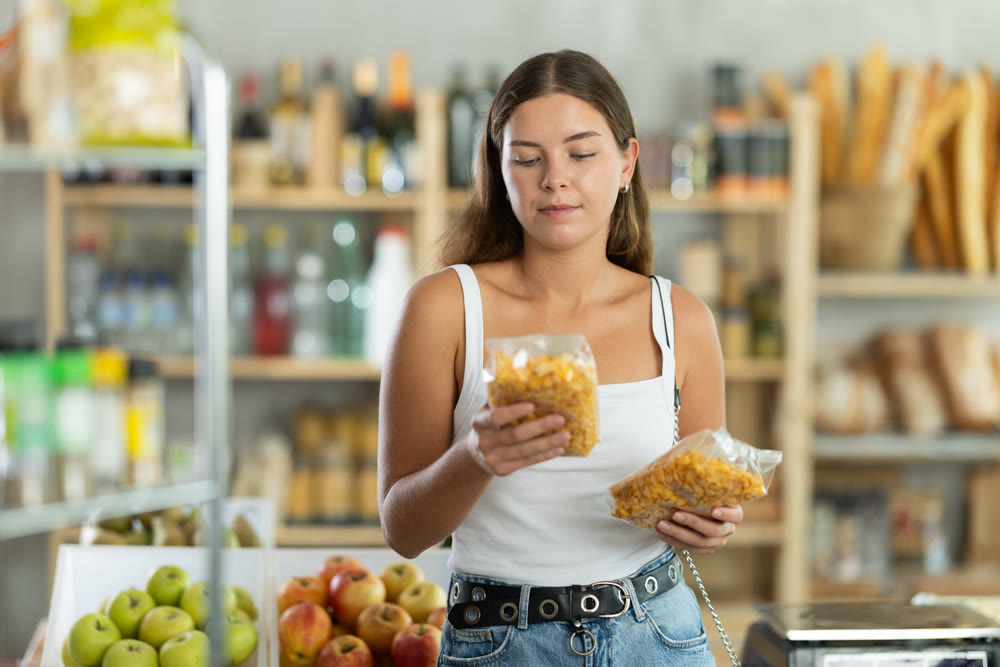 In grocery supermarket, female shopper chooses corn flakes for breakfast