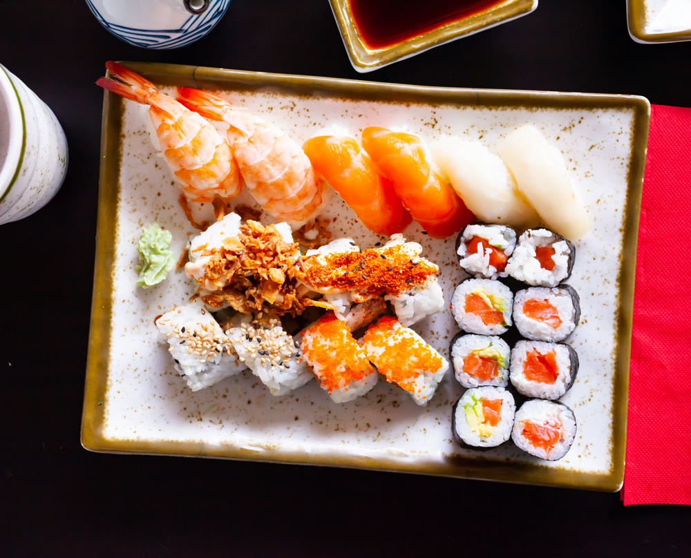 Delicious Japanese various sushi salmon maki and nigiri