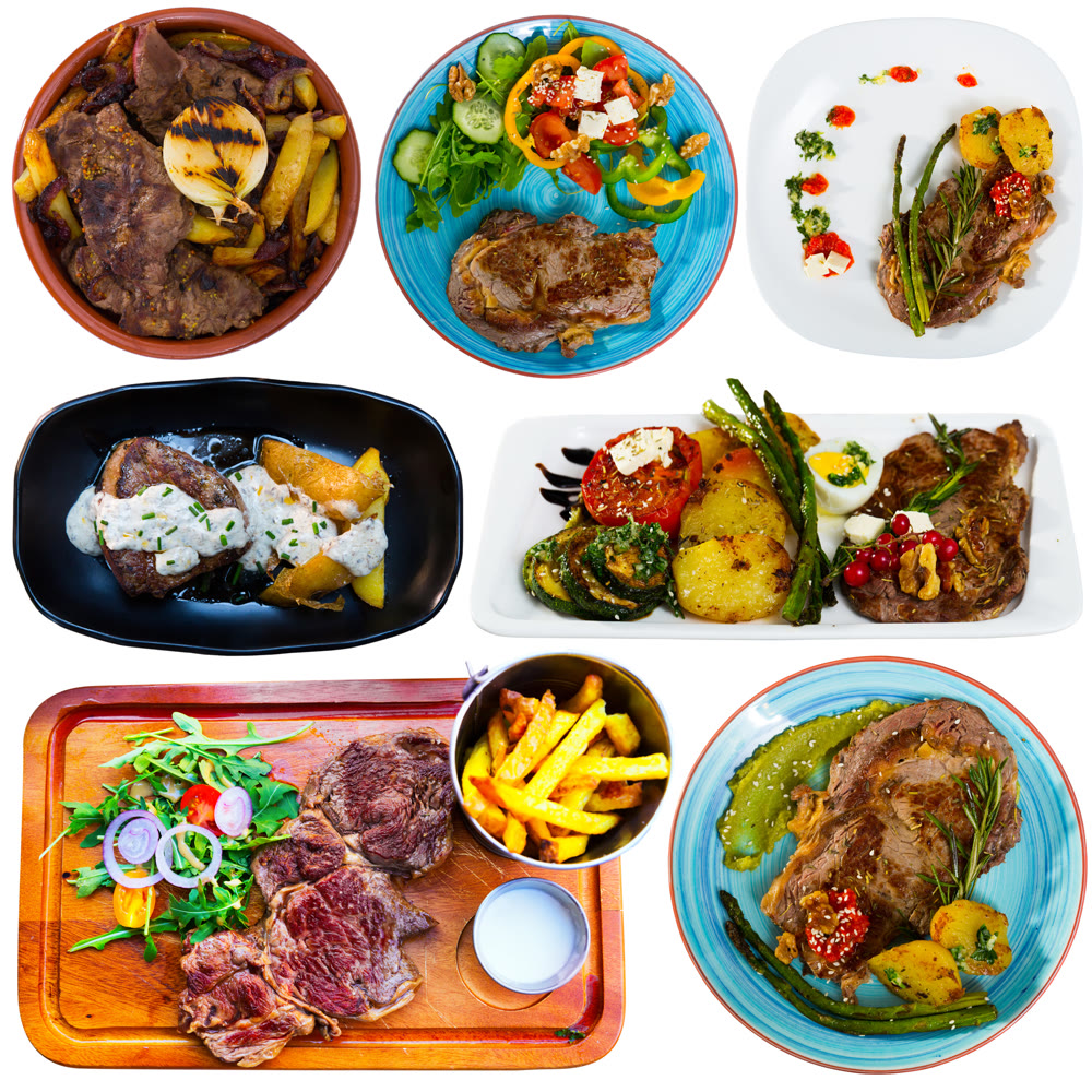 Dishes from beef isolated on white