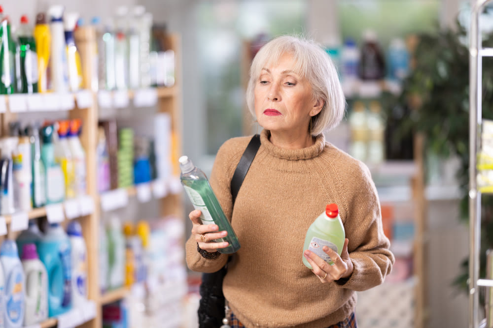 Mature woman choosing dishwashing liquid in department store