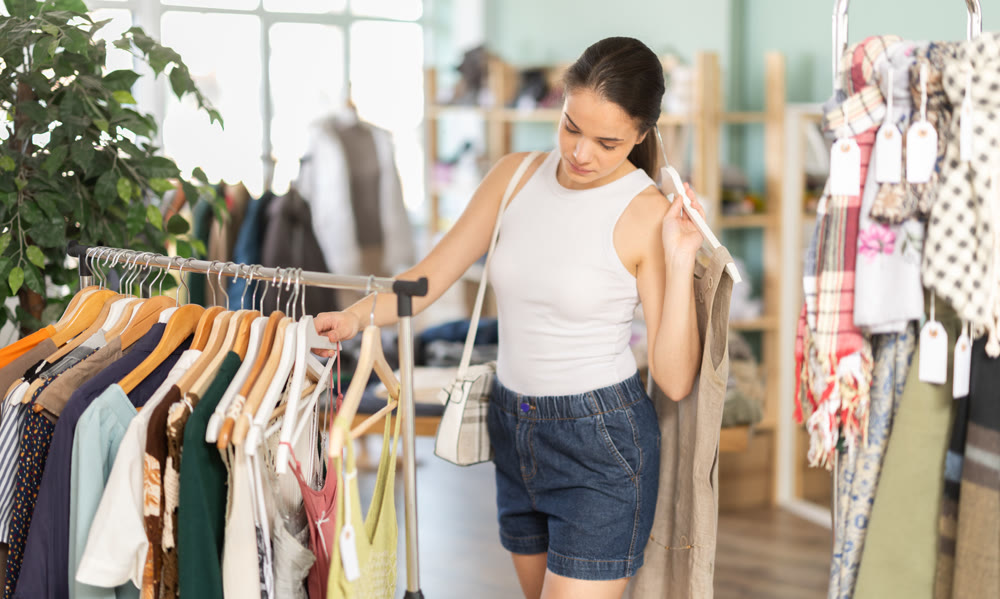 Young woman chooses dresses and tops in store