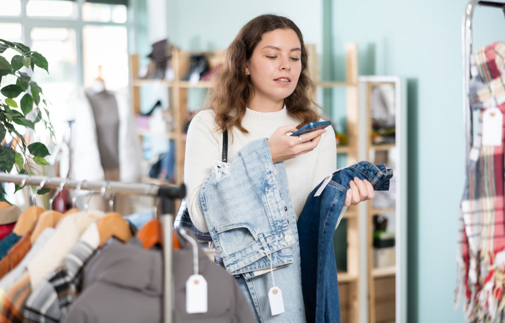Young girl scanning QR-code on jeans pantaloons in clothing store