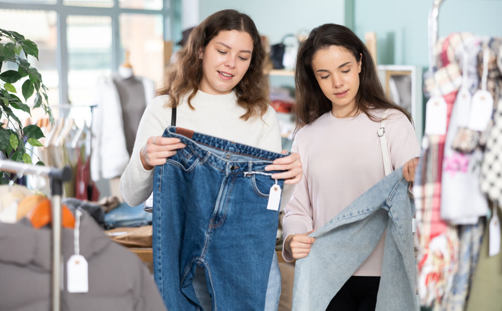 Two girls at trading floor pick out jeans
