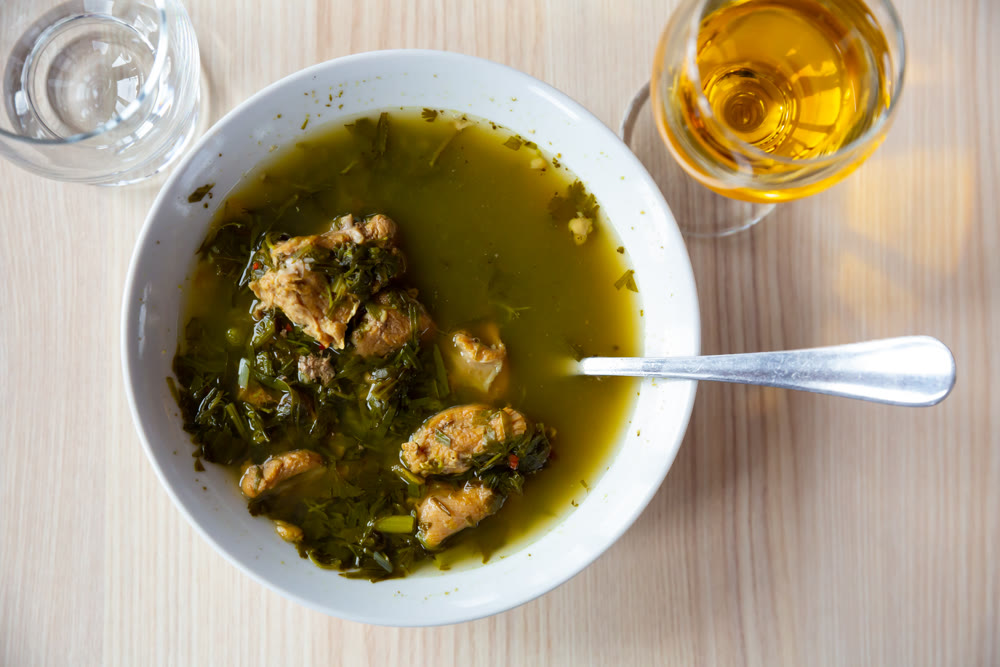 National dish of Georgian cuisine Chacapouli from young lamb