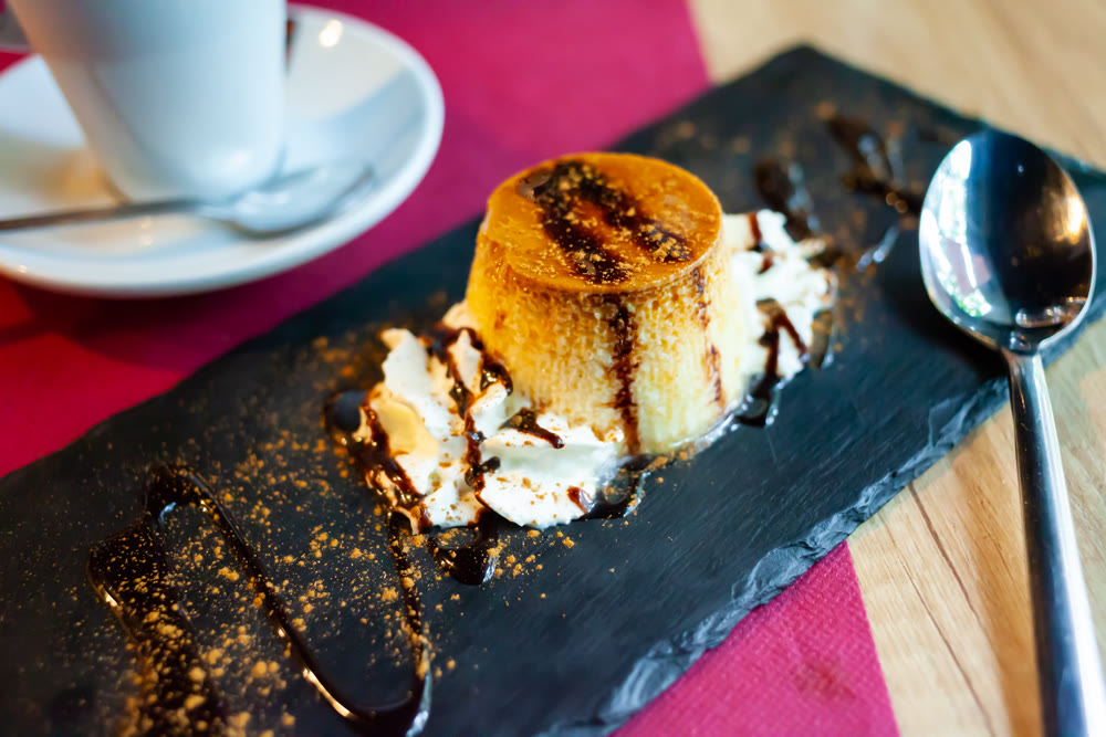Sweet creme dessert with caramel crust flan con nata, typical catalan dessert