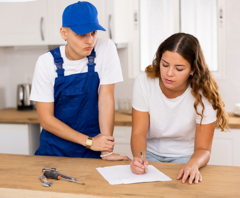 Young woman signs a contract for the provision of services to a plumber