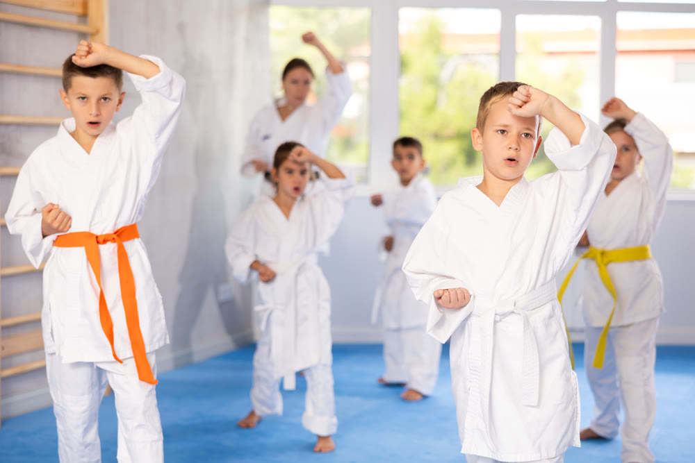 Children students repeat position and perform sequence of punches and painful techniques kata