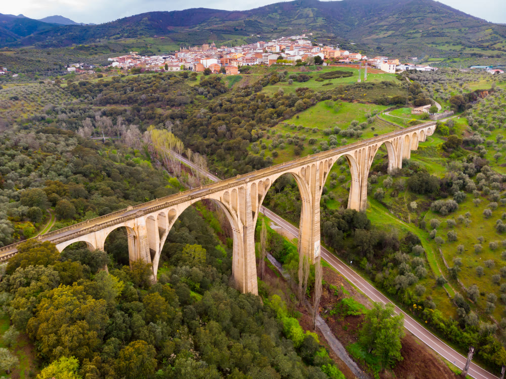 Aerial view of stone arched viaduct in valley near Guadalupe