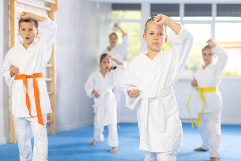 Children students repeat position and perform sequence of punches and painful techniques kata