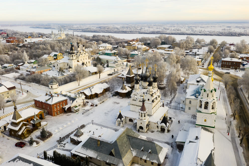 Top view of the Annunciation and Trinity Monasteries in city of Murom. Russia