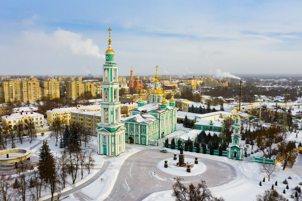 Aerial view of the Spaso-Preobrazhensky Cathedral and residential buildings in Tambov