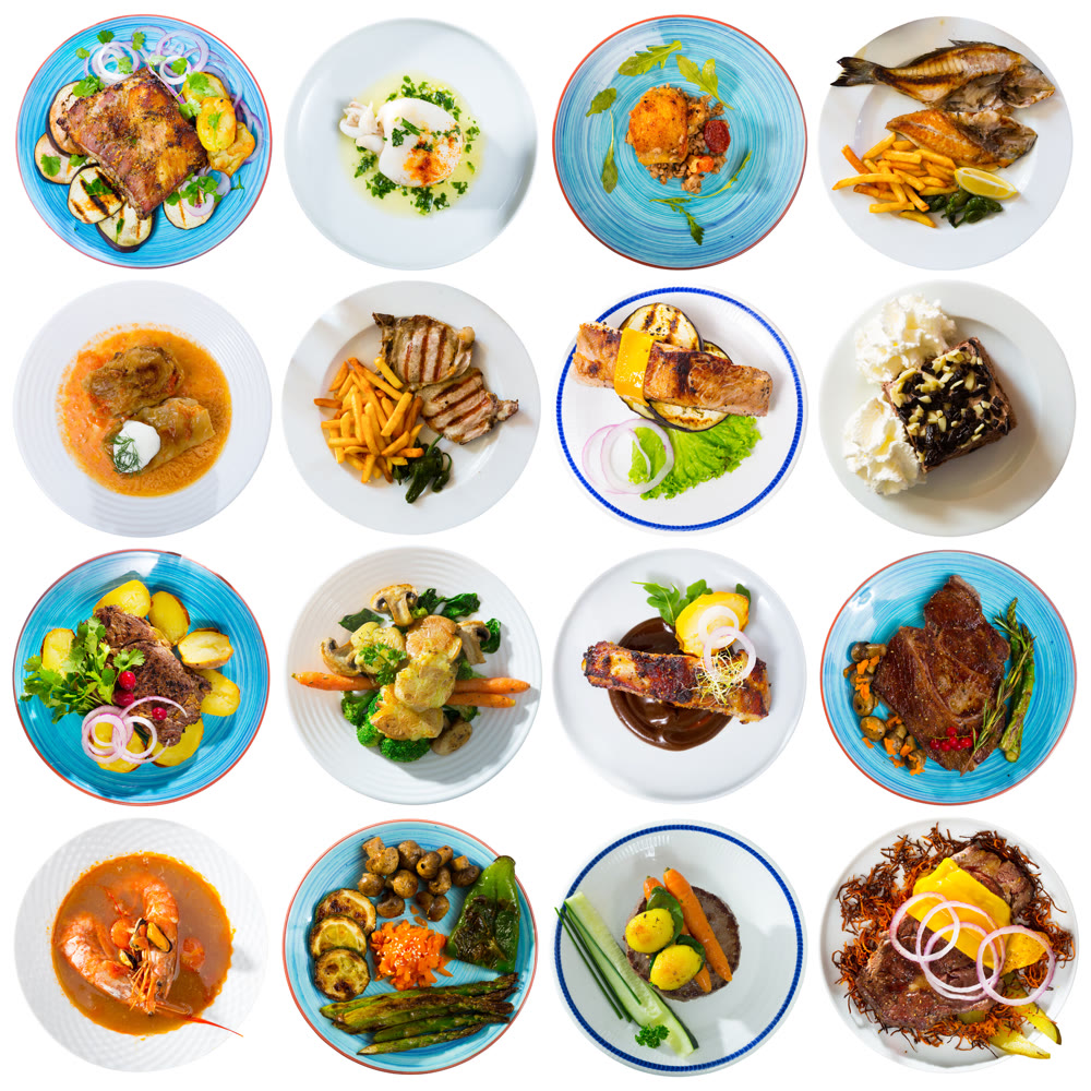 Collection of dishes on round plates