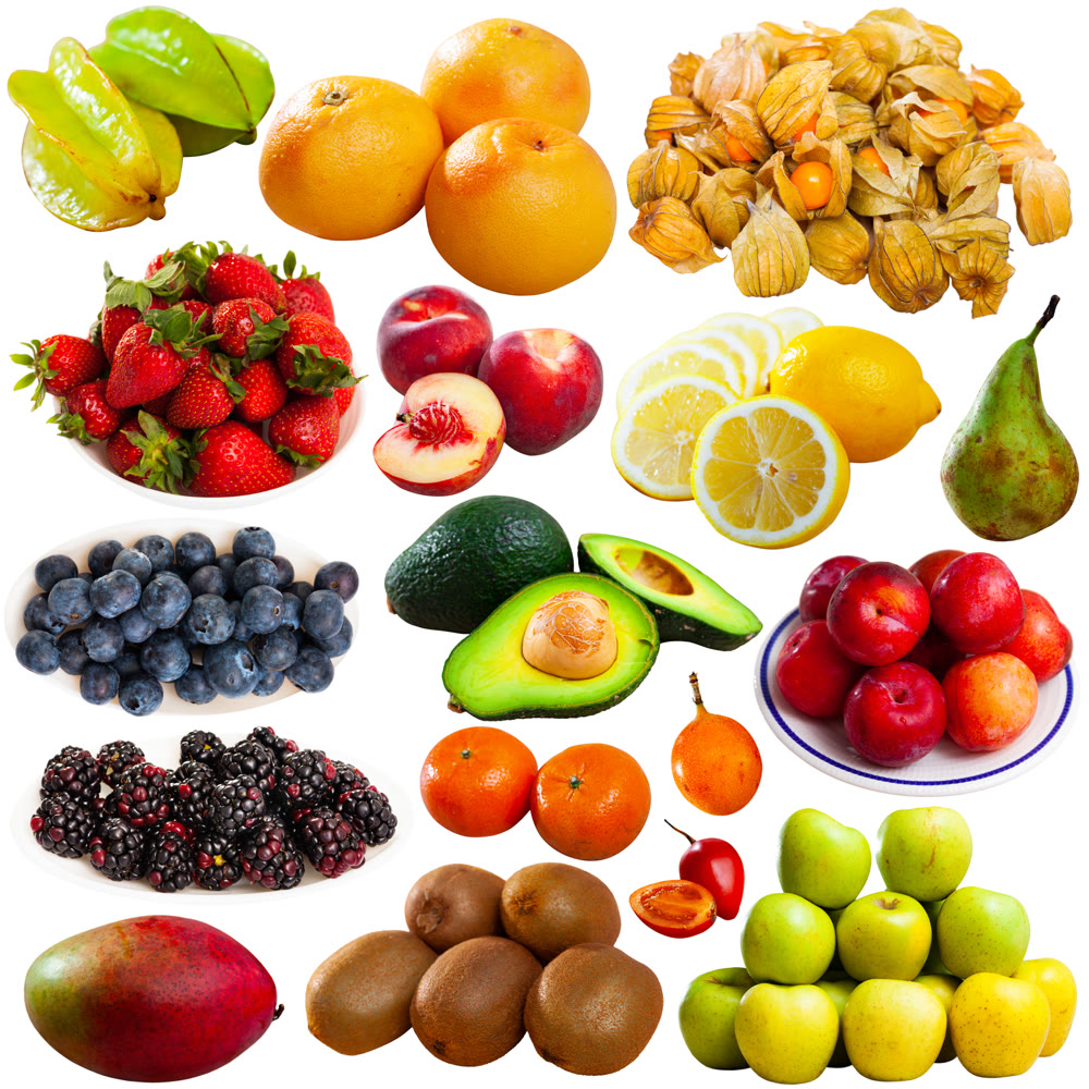 Collage with fruits on white background