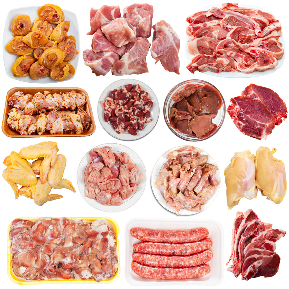 Collection of raw meat products isolated on white