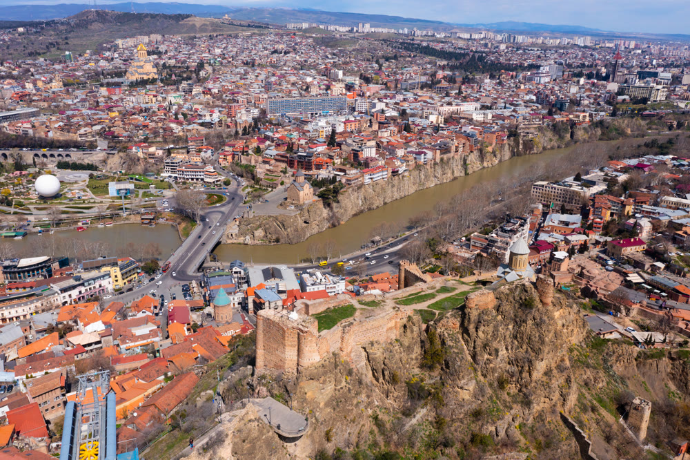 Aerial view of old town of Tbilisi with fortress Narikala