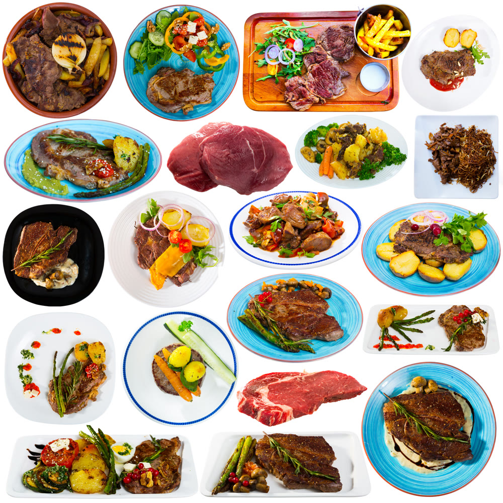 Collage of dishes from beef on white background