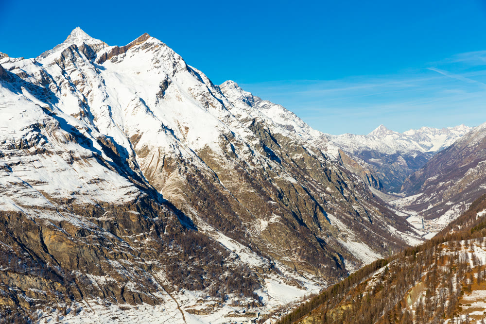 Winter alpine landscape near Zermatt with snow covered mountains, Switzerland