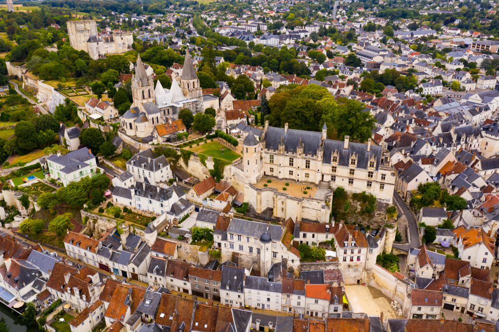Drone view of medieval royal castle in French town of Loches