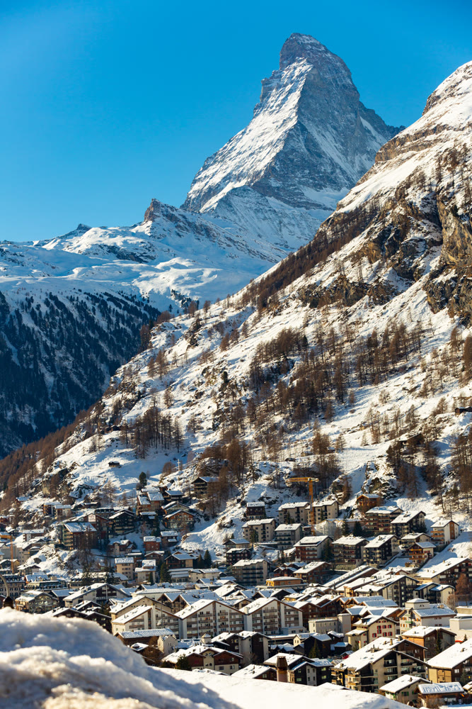 World famous mountain peak Matterhorn above Zermatt town Switzerland