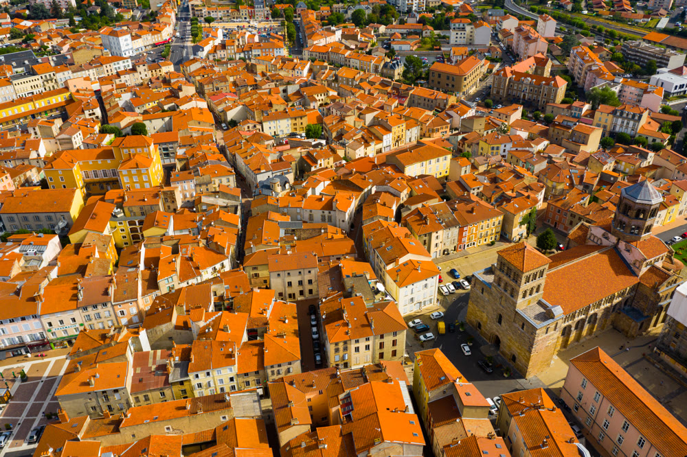 Aerial view of Issoire city in the Auvergne region, France