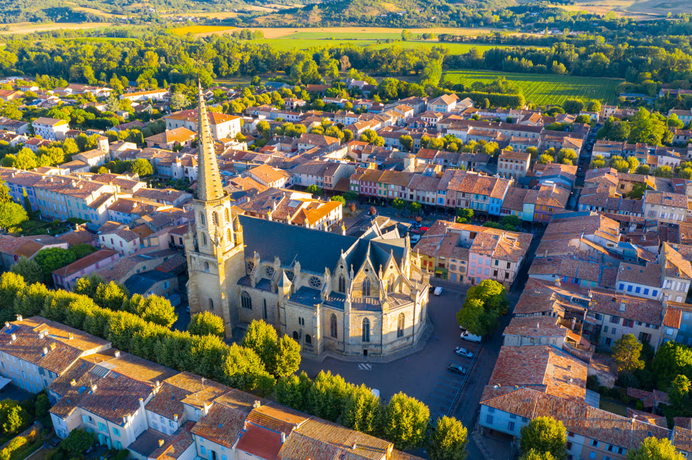 Summer view from drone of French township of Mirepoix